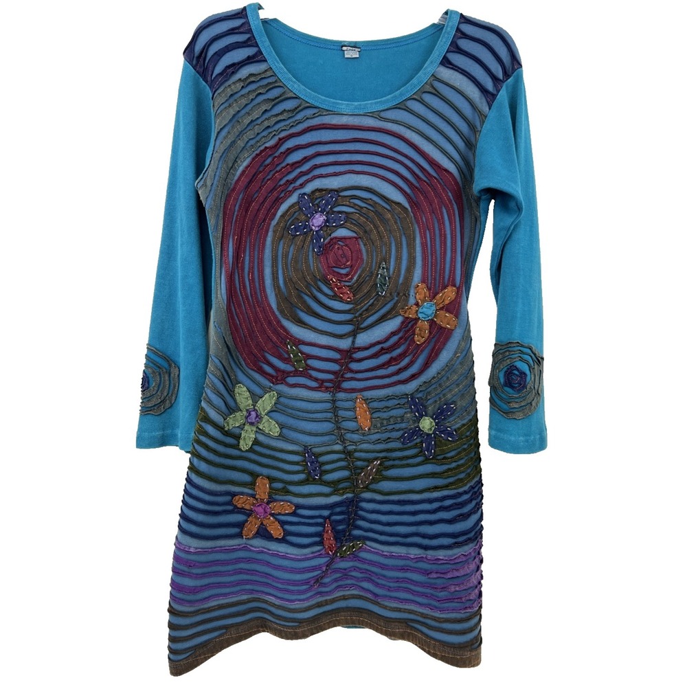 Karma Circle Dress Size S Blue Multi Color Ribbed Stitched Design Long Sleeves